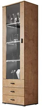 Mirjan24 Vitrine Standvitrine Soho S1, Glasvitrine, Vitrinenschrank, Hochschrank, Stauraumvitrine, Wohnzimmer Highboard Schrank (Eiche Lefkas/Eiche Lefkas + Schwarz, mit weißer LED Beleuchtung)