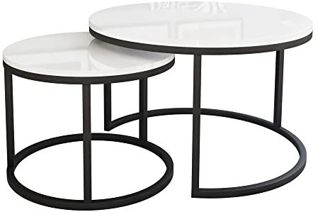 lukmebel Couchtisch rund - CIRI 2in1 - Beistelltisch rund - Kaffetisch - Industrial Deko - Deko Wohnzimmer - Kleiner Beistelltisch - Sofatisch - Kleiner Tisch - Schwarz, Weiß Hochglanz