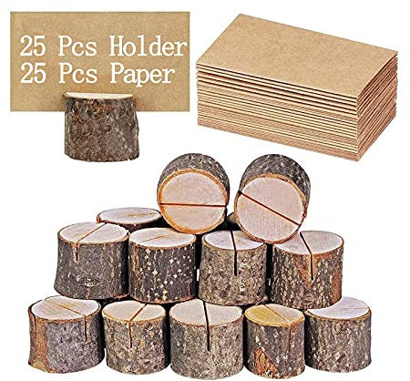 25 Stück Tischkartenhalter Holz + 25 Stück Karte aus Kraftpapier, Kartenhalter Holz, Platzkartenhalter Memohalter Holz - Fotohalter Aus Holz Kartenhalter Fotohalter Menükarten Halter für Hochzeit Deko