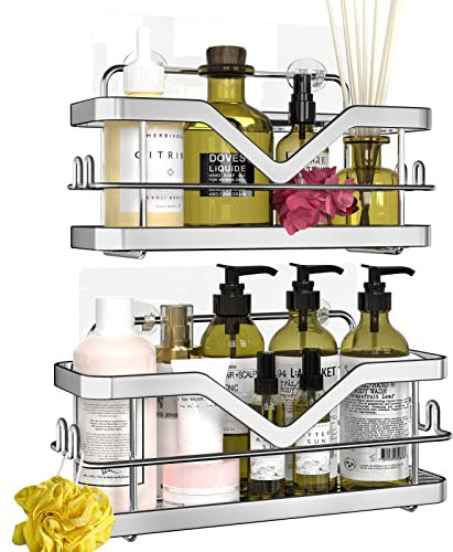 Cosicosy Shower Caddy Silver, Bathroom Shelf Shower Shelf No Drilling Adhesive Bathroom Storage with Included Hooks for Hanging Razor and Towels Shower Accessories Bathroom Accessory- 2 Pack