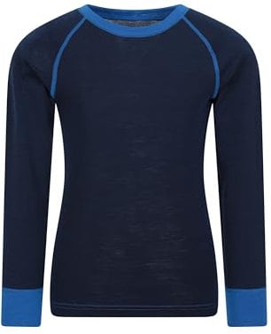 Mountain Warehouse Merino Kids Round Neck Thermal Baselayer Top – Long Sleeve, Lightweight, Antibacterial, Breathable & Quick Dry T-Shirt - Travelling & Outdoors Blue Kids Size 5-6 Years