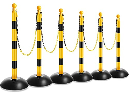 Amylove Plastic Stanchion Post Set, Traffic Warning Line Stanchion Crowd Control Safety Barriers Driveway Barrier with 5 Chains and 10 S Hooks for Outdoor Indoor Parking(Yellow Black,6 Pcs)