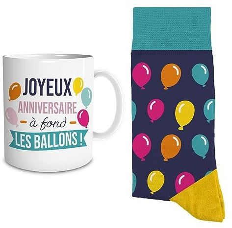 STC Coffret Mug et Chaussettes Assorties T39/45 - Joyeux Anniversaire à fond les Ballons