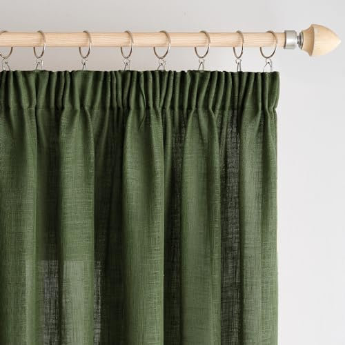 Woaboy Leinen Gardinen mit Kräuselband Vorhänge Wohnzimmer Leinenoptik Halbtransparent Stores Gardine Schlafzimmer Modern Schlaufengardinen 2er Set 140x225cm (BxH) Matcha Grün