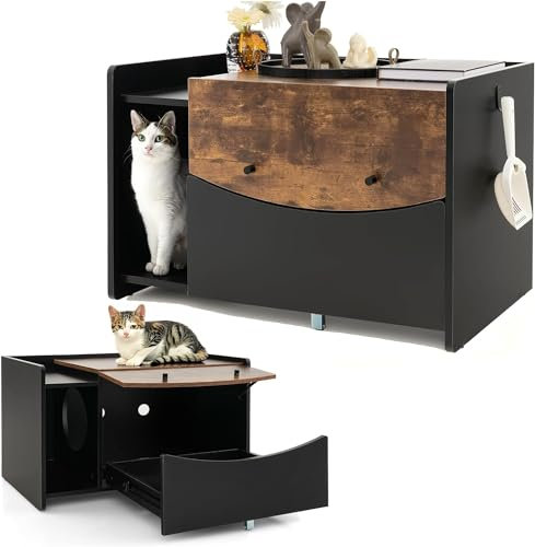 COSTWAY Katzenschrank für Katzentoilette, Katzenhaus mit ausziehbarer Schublade & Eingang & Haken & Klapptür, Katzenklo Schrank Katzenmöbel, Katzenhöhle für Katzen Haustier, Braun Vintage