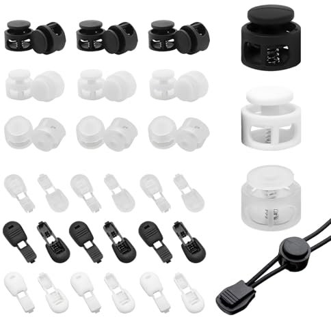 Premium Nylon Cord Stopper Set, 18 Two-Hole Spring Cord Locks & 18 Tail Clip Buckles in Black, White, and Clear,Spring Cord Locks for Cord End Lock Applications in Apparel and Gear
