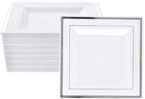 YAYODS Lot de 30 assiettes en plastique réutilisables - 16,5 cm - Blanches - Assiettes à gâteau carrées avec bord argenté - Petites assiettes - Assiettes à petit-déjeuner en plastique - Pour mariages,