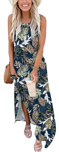 AUSELILY Robe Longue Femme Ete sans Manches Robe de Plage Maxi Casual Femme Longue avec Poches Feuilles Tropicales M