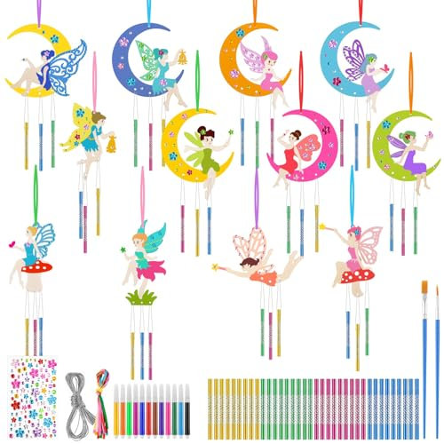 Windspiel Bastelset Kinder, 12 Stück Fee Windspiel Holz Basteln, Klangspiel Bemalen Basteln Handwerk, Feen Geburtstag Deko, Kreativ Bastelsets für Kinder, DIY Basteln Mädchen 3 4 5 6 7 8 9 Jahre