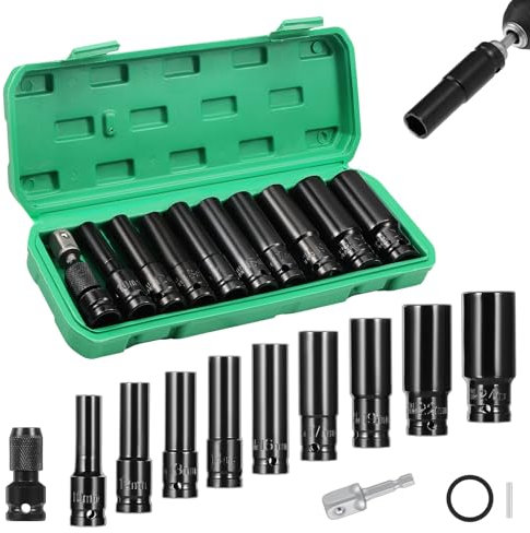 WiMas 11PCS Deep Impact Socket Set 1/2 Inch Metric Drive Tool Set mpact Wrench Nut Set 10-24mm Hex Long Socket Set with Socket Adapter and Extension Rod for Car Repairs Tyre Change