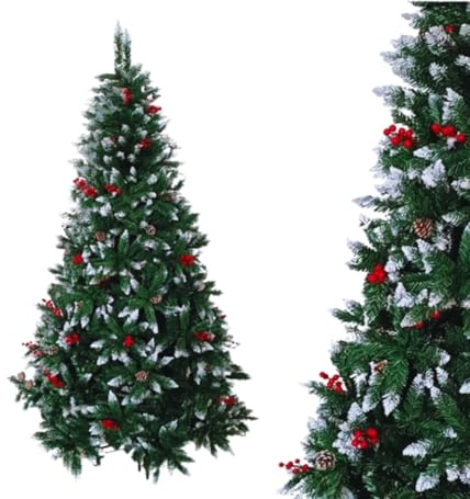 Albero di Natale, 120 cm Folto, Verde con Punte Innevate, Decoratop Pigne e Bacche Artificiale, 194 Punte Ø 65 cm, Decorazioni Casa Ambiente Natalizio