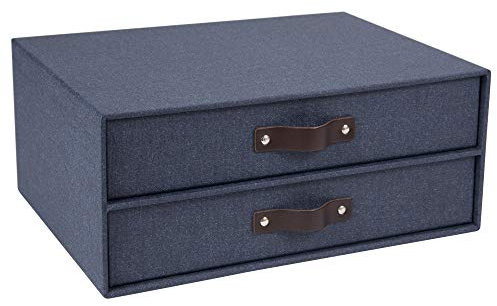 Bigso Box of Sweden BIRGER Schubladenbox für Dokumente und Bürobedarf – Schreibtisch Organizer mit 2 Schubladen – Ablagesystem aus Faserplatte und Papier in Leinenoptik – blau