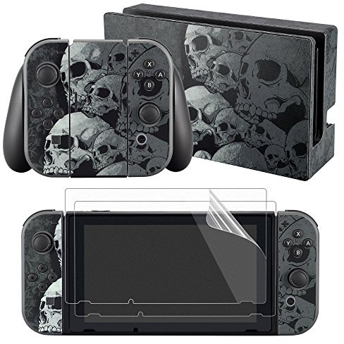 eXtremeRate Autocollant pour Nintendo Switch Manette,Sticker Skin pour Switch Console & Joycon & Dock avec 2 Protection d'Écran-Crânes