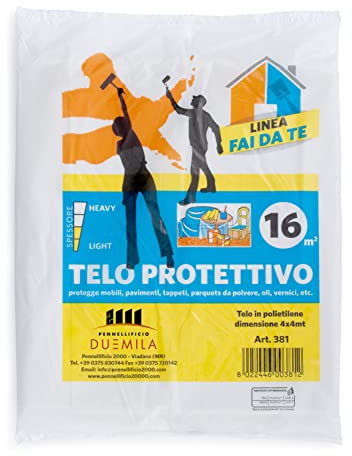 PENNELLIFICIO 2000 | Lona protectora de plástico, antigoteo, protege contra manchas de pintura, suciedad, húmeda, 4 x 4 metros, 16 m², gramaje: 195 gr – Fabricado en Italia