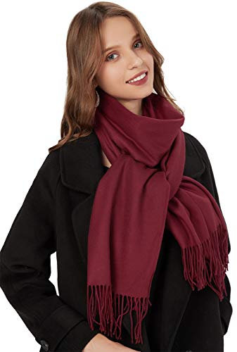 MaaMgic Schal Damen Warm Winter Herbst unifarben Baumwolle mit quasten/fransen, 40+ Farben Einfarbig & Kariert Pashmina xl Stola Schals MEHRWEG,Wein Rot