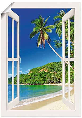 ARTLAND Wanddeko Poster & Kunstdrucke Wandposter Fensterblick Karibik Südsee Strand Meer Insel Palmen Meerblick S9IC