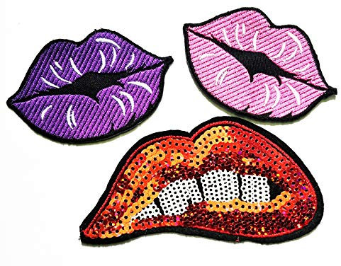 Nipitshop Patches Set 3 Sexy Lady Women Kiss Me Purple Pink Red Biting Lips Lipstick Cosmetic Sequin Shine Shiny Patch Sew Iron on Embroidered Applique for Clothes Backpacks T-Shirt Jeans Hat Bag