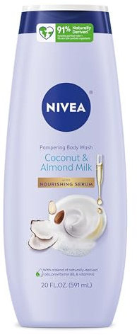 NIVEA Pampering Coconut and Almond Milk Body Wash with Nourishing Serum, Moisturizing Body Wash for Women, Enriched with Provitamin B5 and Vitamin E, 20 Fl Oz Bottle