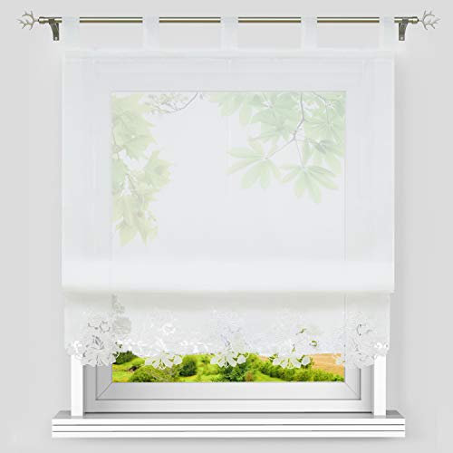 Heichkell Voile Weiße Raffgardine Bestickt Transparentes Raffrollo mit Schlaufen Klassischer Vorhangschal Küche Gardine Blumenstickerei Borte BreitexHöhe 120x155cm