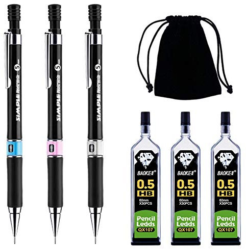 Zngou 7PCS Mechanical Pencil Set, 3PCS Clutch Pencils Fine Lead Pencils Automatic Technical Pencil with 3 Lead Refills 0.5mm HB Black Propelling Pencil