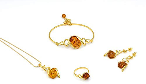 MyBer Bernstein Schmuck Set Halskette Pendant Armband Ohrringe Ring Schmuckset Damen Silber 925 vergoldet PMBER5_GOLD