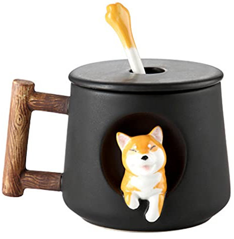 Süße Shiba Inu Kaffeetasse Teetasse Becher Geschirr 420ml Keramik Tasse mit Deckel und Löffel, Keramikbecher Kaffeebecher Porzellan Cappuccino Tasse Coffee Milk Tea Mug