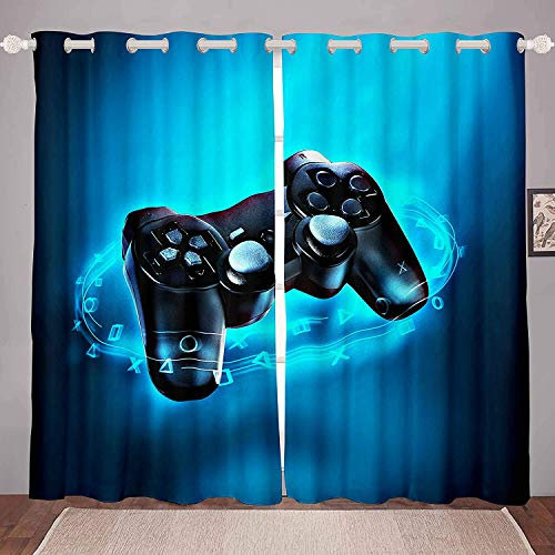 Loussiesd Kinder Jungen Blickdichte Vorhänge Gamepad drucken Vorhänge Blau Spielthema Fenstervorhang Videospiel Action Buttons 175x140cm für Jugendliche Mikrofaser Vorhänge Dekor 2 Panels