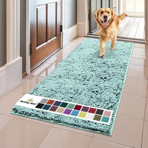 Muddy Mat® AS-SEEN-ON-TV Highly Absorbent Microfiber Door Mat and Pet Rug, Non Slip Thick Washable Area and Bath Mat Soft Chenille for Kitchen Bedroom Indoor and Outdoor - Seafoam Green Runner 59X24