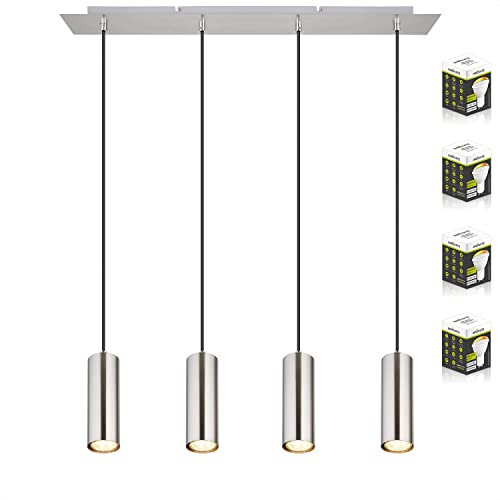 Innovate LED Pendelleuchte 4-flammig | Deckenlampe Wohnzimmer | Hängelampe Esstisch | Esszimmerlampe modern | Wohnzimmerlampe nickel | inkl. 4x GU10 3in1 Dim-to-Warm Leuchtmittel Nickel
