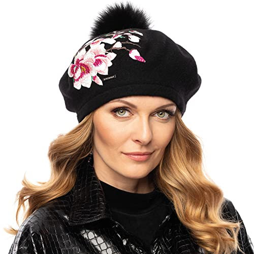VIVISENCE Damen Baskenmütze Mit Bommel Eleganter Wintermütze Warm Und Gemütlich Kopfbedeckung An Winter Und Herbst Warm Dick Strickmütze, Klassisch Mütze Für Frauen, Hergestellt In EU, Schwarz