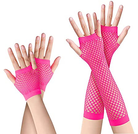 Azwood Fischnetz Handschuhe, 2 Paare Lang und Kurz Netz Mesh Handschuhe, Schwarz Fingerlose Netzhandschuhe - Damen Abendhandschuhe für Verkleidung Kostüm Party Lieferungen (Rosa)