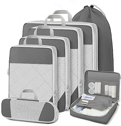 Lannvan Koffer Organizer Set 7 Teilige,Platzsparendes Packing Cubes Compression,Ultraleichte Packwürfel mit Kompression,Wasserfester Travel Organizer Packtaschen für Koffer,Rucksack und Gepäck,Grau