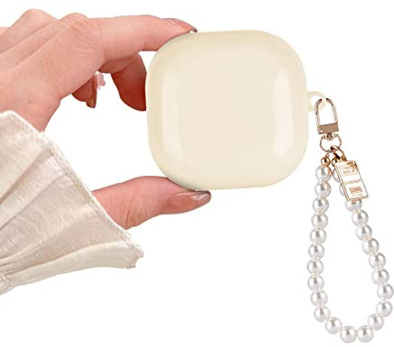 Cute Case for Samsung Galaxy Buds 2 Pro(2022)/Galaxy Buds Pro/Buds 2/Buds Live with Pearl Wrist Keychain for Women Girls,Clear Wireless Shockproof Soft Silicone Protective Cover-Beige