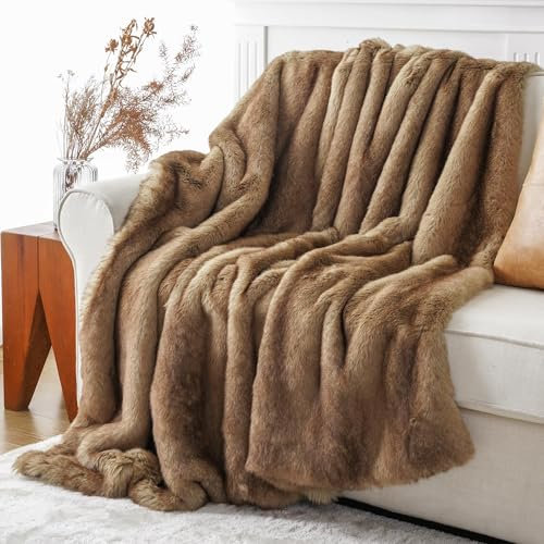 BATTILO HOME Luxuriöse Kunstfell-Überwurfdecke, weiche, gemütliche, warme Nerzfelldecke für Bett, Heimdekoration, große gestreifte Felldecken und Überwürfe aus Kunstfell, 152,4 x 203,2 cm, Kamelfarben