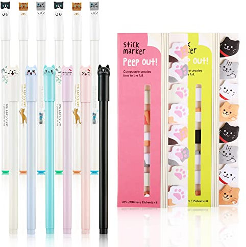 12 Süße Katzen Kawaii Gel-Tintenstifte,320 Stück Katzen-Haftnotizen, Seite, Lesezeichen für Kinder, Katzenliebhaber, Zuhause, Büro, Schule, Geschenk (Schreiben Schwarz) (Schwarz)