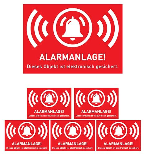 Aufkleber Set ALARMANLAGE! Dieses Objekt ist elektronisch gesichert., 6 Stück, 5 x 3,5 cm, selbstklebende Folie, außenklebend, Warnhinweis Sticker Innen- und Außenbereich, Alarm Anlage Klebesticker