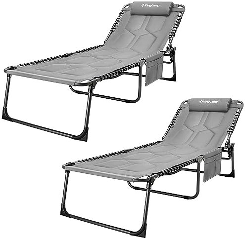 KingCamp Set mit 2 übergroßen gepolsterten Klapp-Chaiselongue-Liegestühlen für Outdoor, Terrasse, Strand, Rasen, Sonnenbaden, Bräunen, Pool, flach liegen, robust, verstellbare Liegestühle mit Kissen,