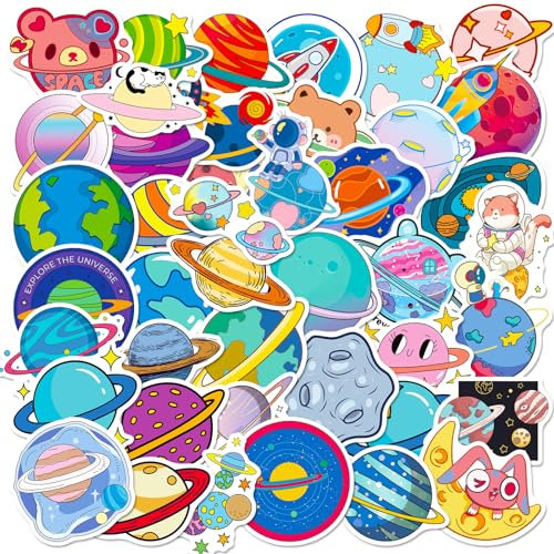 50 Stück Weltraum Abenteuer Aufkleber Set | Sterne, Planeten und Sonnensystem Sticker | Wasserdichtes für Laptop, Skateboard, Gepäck, Fahrrad, Wasserflasche und mehr | für Jungen und kreative Kinder