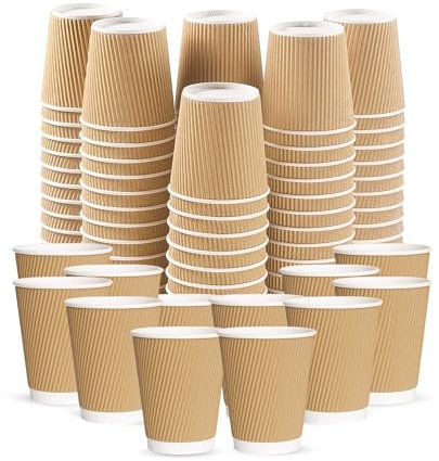 Chef Royale 100 x 12oz Disposable Coffee Cups - Takeaway Paper Cups for Hot & Cold Drinks - Kraft Triple Walled Disposable Paper Ripple Cups -Reusable Takeaway Coffee Cups (Without Lids)