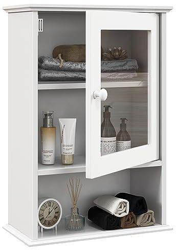 COSTWAY Bathroom Wall Cabinet, Wooden Storage Cupboard with Single Door and Open/Adjustable Shelf, Wall Mounted Medicine Cabinet for Bathroom Living Room Hallway (White)