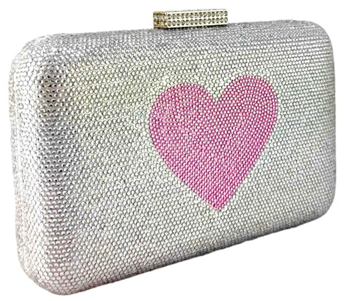 Boutique De FGG Mini Love Strass Clutch-Geldbörsen für Damen, Herz-Kristall-Clutch, formelle Abendtaschen und Clutches, Silber / Rosa, Mini