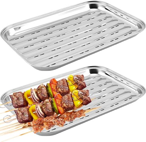 Asfrode 2 bandejas para barbacoa de acero inoxidable, 34,5 x 24,2 x 2,7 cm, reutilizables, cesta para verduras, accesorios para verduras, pescado o carne, para barbacoa de gas, eléctrica y carbón