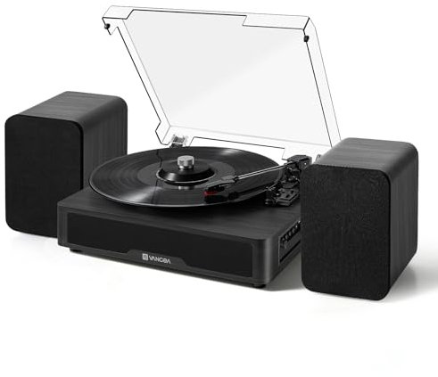 Vangoa - Vinyl turntable with 2 stereo speakers, belt-driven 3 speed turntable for vinyl records, support AUX input, RCA line, USB, wireless playback