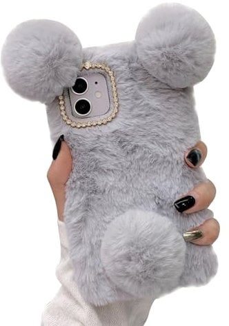 HONHULEE Cute Cartoon Plush Case for iPhone SE 3/2 (2022/2020) / iPhone 8 / iPhone 7 Cover Super Cute Soft Warm Fluffy Furry Ears Shockproof Back Lovely Case Cover - Light gray