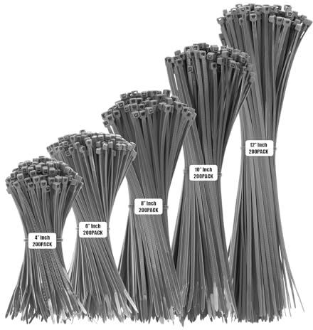 Armpow Silver Cable Zip Ties Heavy Duty Assorted Sizes, 1000 PCS Self-Locking 4+6+8+10+12 Inch 18LBS/40LBS Nylon Cable Ties, Perfect for Home, Office, Garden and Workshop