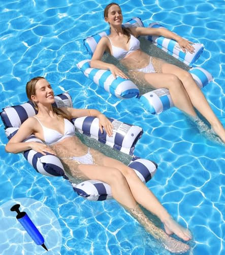 Hamaca Piscina 2pcs, Colchonetas Inflables Piscina, PortáTil Colchonetas Piscina Grandes, 4-En-1 Hamaca Hinchable Piscina, Flotadores Piscina con Bomba de Aire (Azul Claro + Azul Oscuro - 4 Tubos)