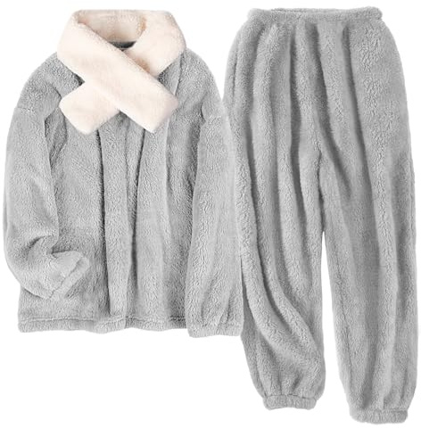 Tuopuda Schlafanzug Damen Lang Pyjama Set Winter, Thermo Fleece Hausanzug Kuschelig mit Schal Warm Nachtwäsche Zweiteiler Flauschig, Winter Oberteile Langarm mit Schlafanzughosen