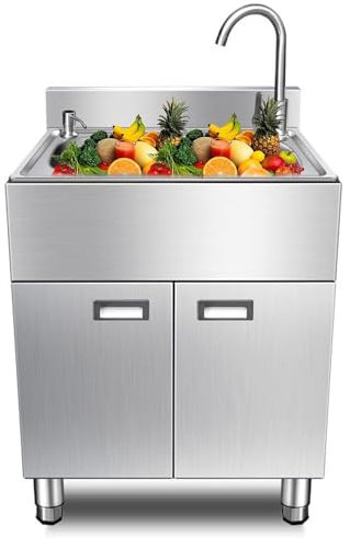Acero Inoxidable Fregadero Utilitario con Grifo, Mueble Fregadero de Servicio de Pie con Gabinete, Fregadero Independiente para Cocina, Restaurante Comercial, Lavabo