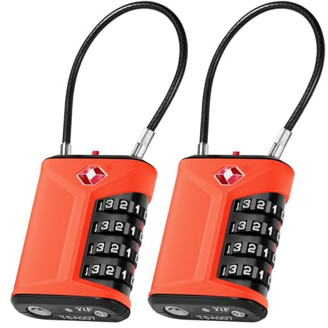 ZHEGE TSA Schloss, Koffer Schloss mit Öffnung Alarmanzeige, Kabelschloss mit Weißen Zahlen, Vorhängeschloss 4 Stellig für Koffer, Rucksack, Hostel, Schließfach, Zelt (2 Stücke, Orange)