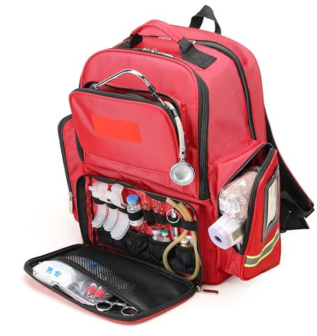 Erste Hilfe Rucksack Leer Notfallkoffer -Wasserdicht Verschleißfest Verstellbarer Riemen Atmungsaktiv Rücken Erste Hilfe Tasche für Reisen Zuhause, Auto, Wandern, Arbeitsplatz & Outdoor Rot 43*25*31cm